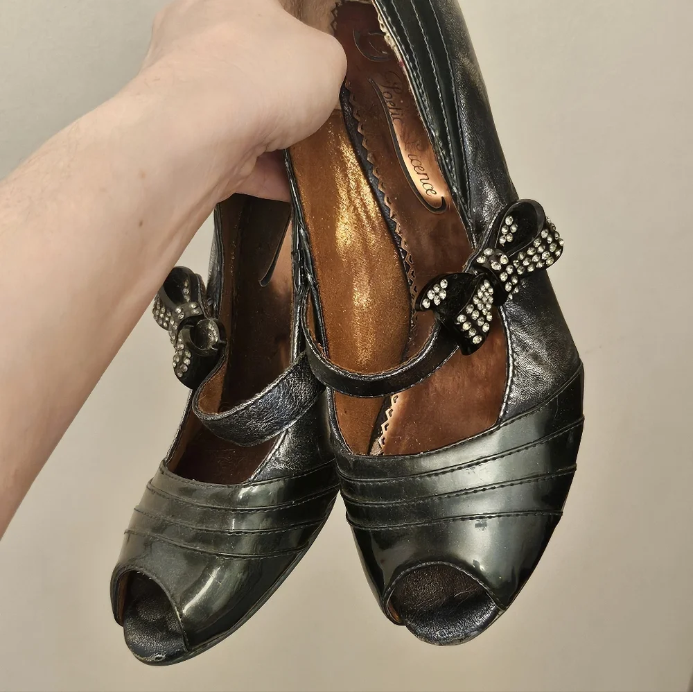 IRREGULAR CHOICE Pretty Woman Lucite Wedge And Patent Leather Heels - Picture 9 of 9